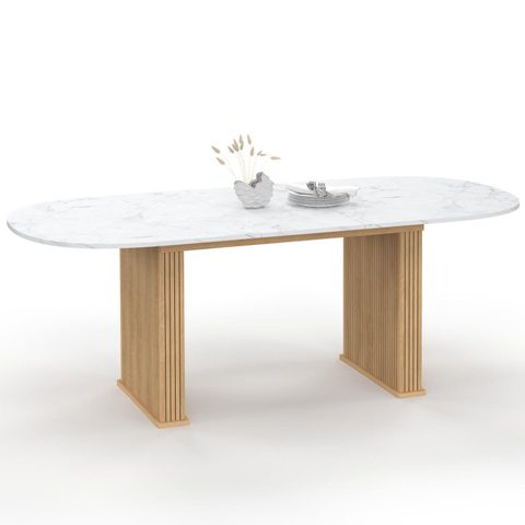 Id Market Table à manger extensible ovale juliette 6-10 personnes pieds effet lattes et plateau effet marbre alaska 160-200 cm