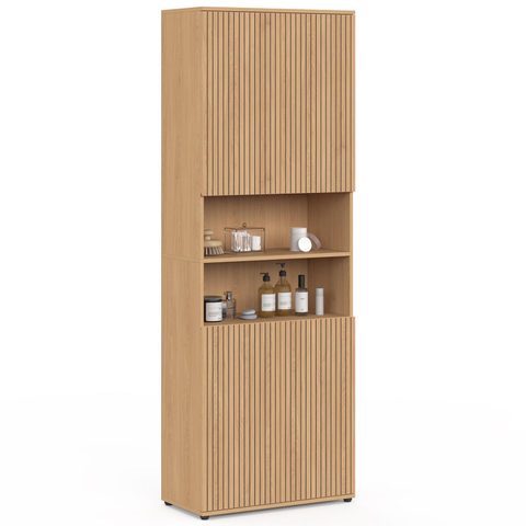 Id Market Meuble armoire colonne salle de bain VICTOR 4 portes 2 niches effet lattes
