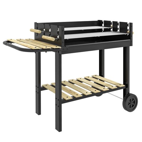 Outsunny Barbecue à charbon sur pied double grille réglable 2 roues 2 étagères