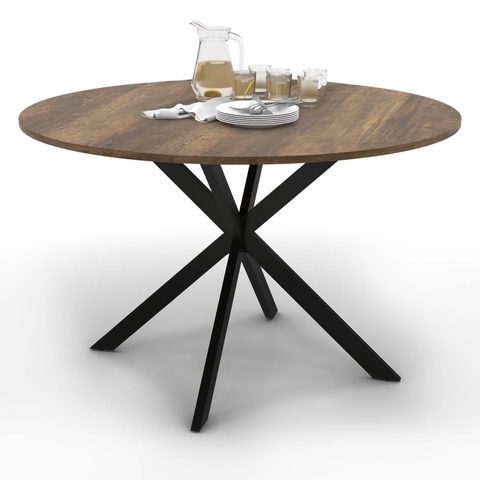 Id Market Table à manger ronde alix 6 personnes pied araignée noir et plateau bois foncé hawkins 110 cm