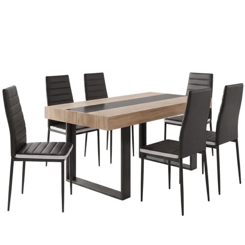 Id Market Ensemble table à manger rectangle phoenix bois et noir bande centrale noire 160 cm et 6 chaises romane noires bandeau