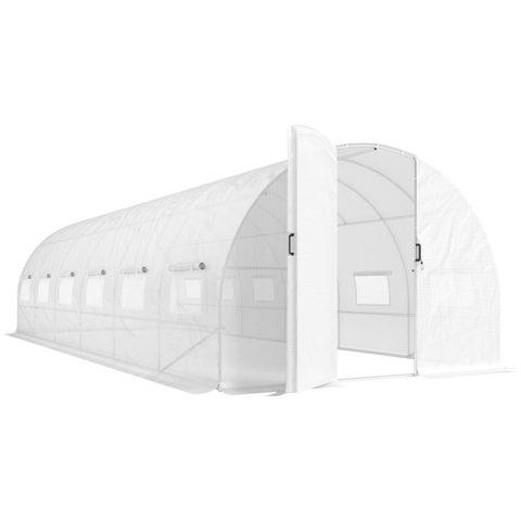 Outsunny Serre tunnel de jardin 24 m² porte 12 fenêtres acier PE