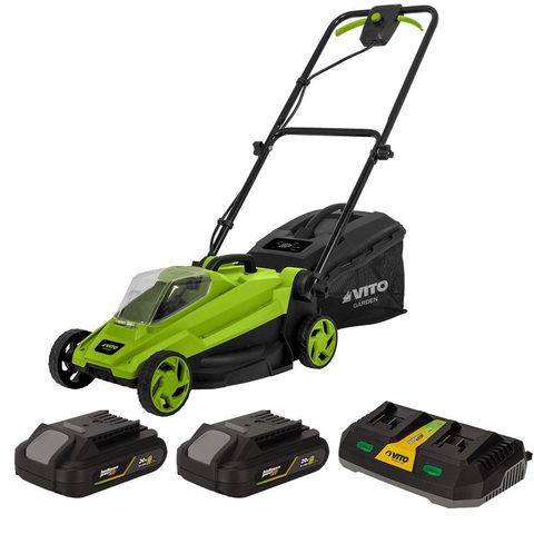 Vito Tondeuse à gazon 20V - 2 Batteries lithium 2.0Ah Chargeur double Bac 30L Gazon 300m2