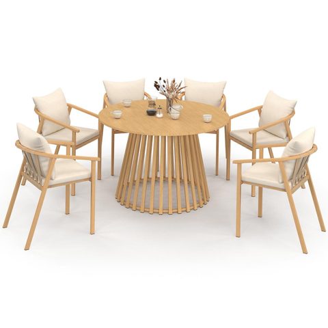 Id Market Salon de jardin solal table ronde 120 cm avec pied lattes en métal et 6 chaises de jardin avec lanières et coussins beiges