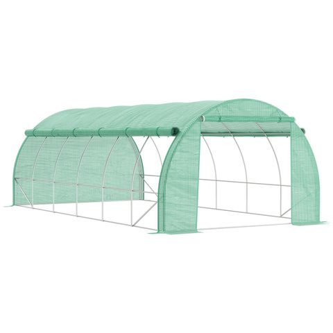 Outsunny Serre de jardin 18 m² porte parois latérales zippées enroulables 8 fenêtres acier PE haute densité