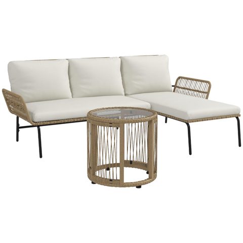 Outsunny Salon de jardin d'angle 3 places résine tressée avec table basse et coussins