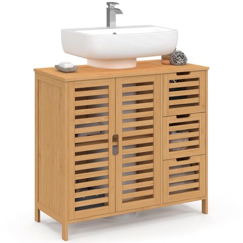 Id Market Meuble sous lavabo salle de bain bambou bea avec placard et 3 tiroirs