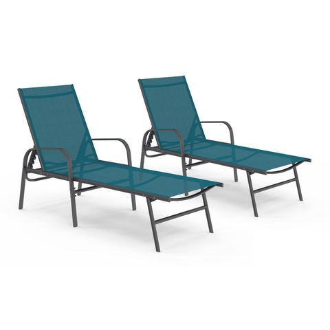 Id Market Lot de 2 transats de jardin inclinables FIDJI en acier gris anthracite et toile bleu canard