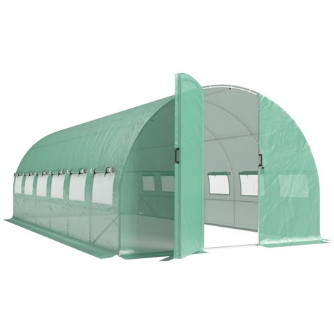 Outsunny Serre tunnel de jardin 18 m² porte 12 fenêtres enroulables acier PE