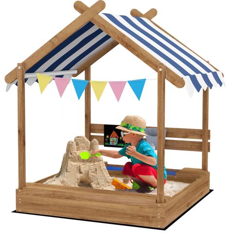 Outsunny Bac à sable bois forme de maison auvent 2 bacs évier tableau noir fanions