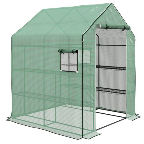 Outsunny Serre de jardin 4 tablettes dim. 1,4L x 1,43l x 1,9H m porte déroulante fenêtre acier PE haute densité