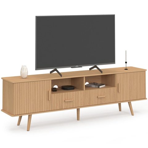 Id Market Meuble tv 180 cm juliette 2 portes et 2 tiroirs lattes tasseau bois coloris chêne