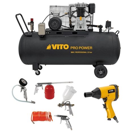 Vito Compresseur d'air 300L 10Bar 500L/min + Clé à choc pneumatique 310Nm + Outils de Gonflage Soufflage Peinture Garage Atelier