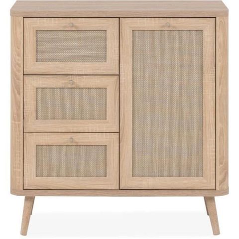 Market24 Petit meuble de rangement - 3 tiroirs - 1 porte - Décor Cannage - L80 9 x H84 x P40 cm