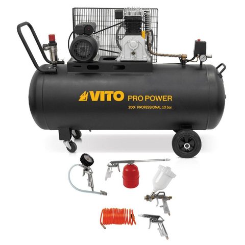 Vito Compresseur d'air 200L 10Bar 3kW 400L/min + 5 Outils pneumatiques Kit Complet Gonflage Soufflage Peinture Garage Atelier