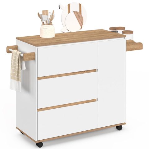 Id Market Desserte de cuisine comi xxl avec 3 tiroirs casserolier et placard blanc et plateau façon hêtre l. 90 cm