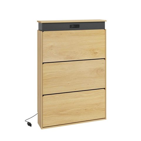Sobuy Armoire à chaussures 3 portes rabattables avec séchage led chêne clair 78x19x115,4cm