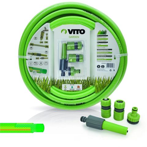 Vito Kit d'arrosage jardin PVC renforcé 20 m diam 15mm lance multi jet +2 raccords + nez de robinet