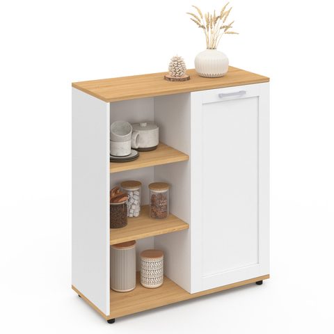 Id Market Buffet d'appoint 70 cm vito 3 étagères et placard blanc et plateau bois