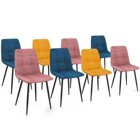 Id Market Lot de 8 chaises mila en velours mix color bleu x3, x3, ocre x2