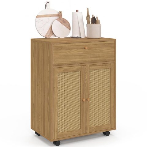 Id Market Desserte de cuisine HANAE tiroir effet bois et placard en cannage L.60 cm