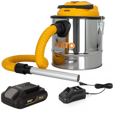 Vito Aspirateur de cendres 20V + Batterie lithium 2Ah Cuve inox 12L + Filtre HEPA + Chargeur