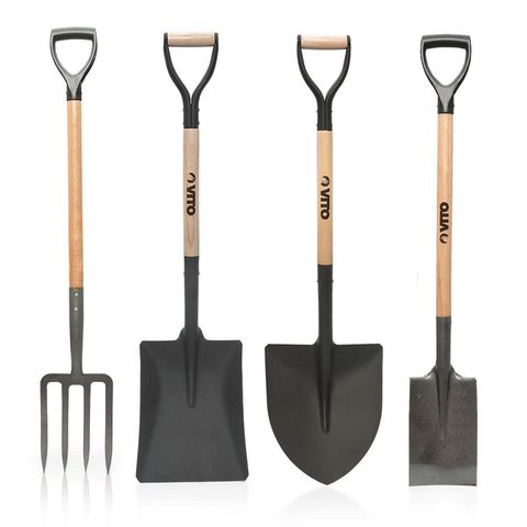 Vito Pack 4 outils de jardin Acier Manche en Bois Fourche + Pelle carrée + Pelle ronde + Bêche