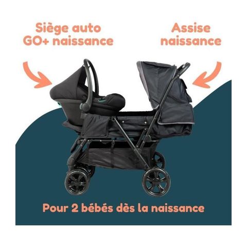 Bambisol Poussette double jumeaux - Combiné Poussette Double + Siège Auto I-size - 4 roues