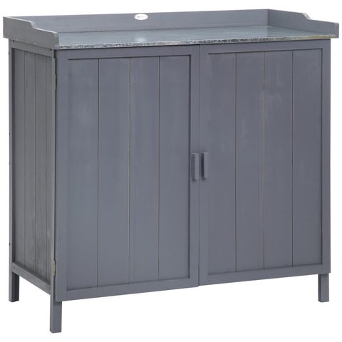 Outsunny Armoire de rangement de jardin sur pied, table de rempotage 2 en 1 double porte, étagère, plateau métal galvanisé - bois sapin