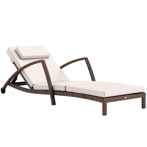 Outsunny Bain de soleil transat style colonial résine tressée - inclinable, 2 roulettes, accoudoirs - matelas tétière