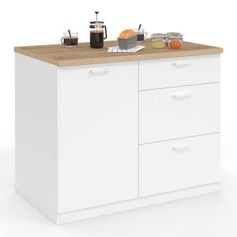 Id Market Ilot central tibo 110 cm casserolier 3 tiroirs bois blanc avec plan de travail façon hêtre