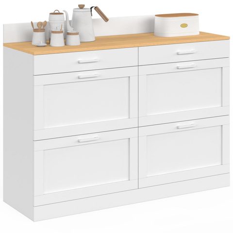 Id Market Buffet bas de cuisine 120 cm casserolier vito plan de travail h.83 cm 6 tiroirs blanc et plateau façon hêtre