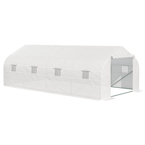 Outsunny Serre tunnel de jardin dim. 5,93L x 3l x 2H m porte + 8 fenêtres enroulables acier galvanisé bâche PE haute densité