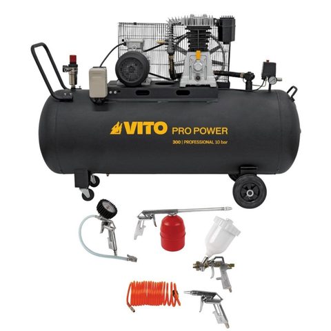 Vito Compresseur d'air 300L 10Bar 4kW 500L/min + 5 Outils pneumatiques Kit Complet Gonflage Soufflage Peinture Garage Atelier