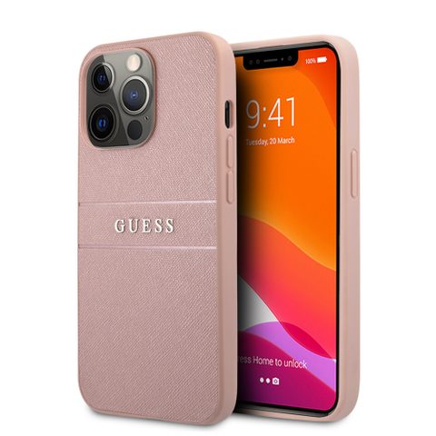 Guess Saffiano Mteal Logo Stripes - Coque pour iPhone 13 Pro Max (Rose) - 3666339023508