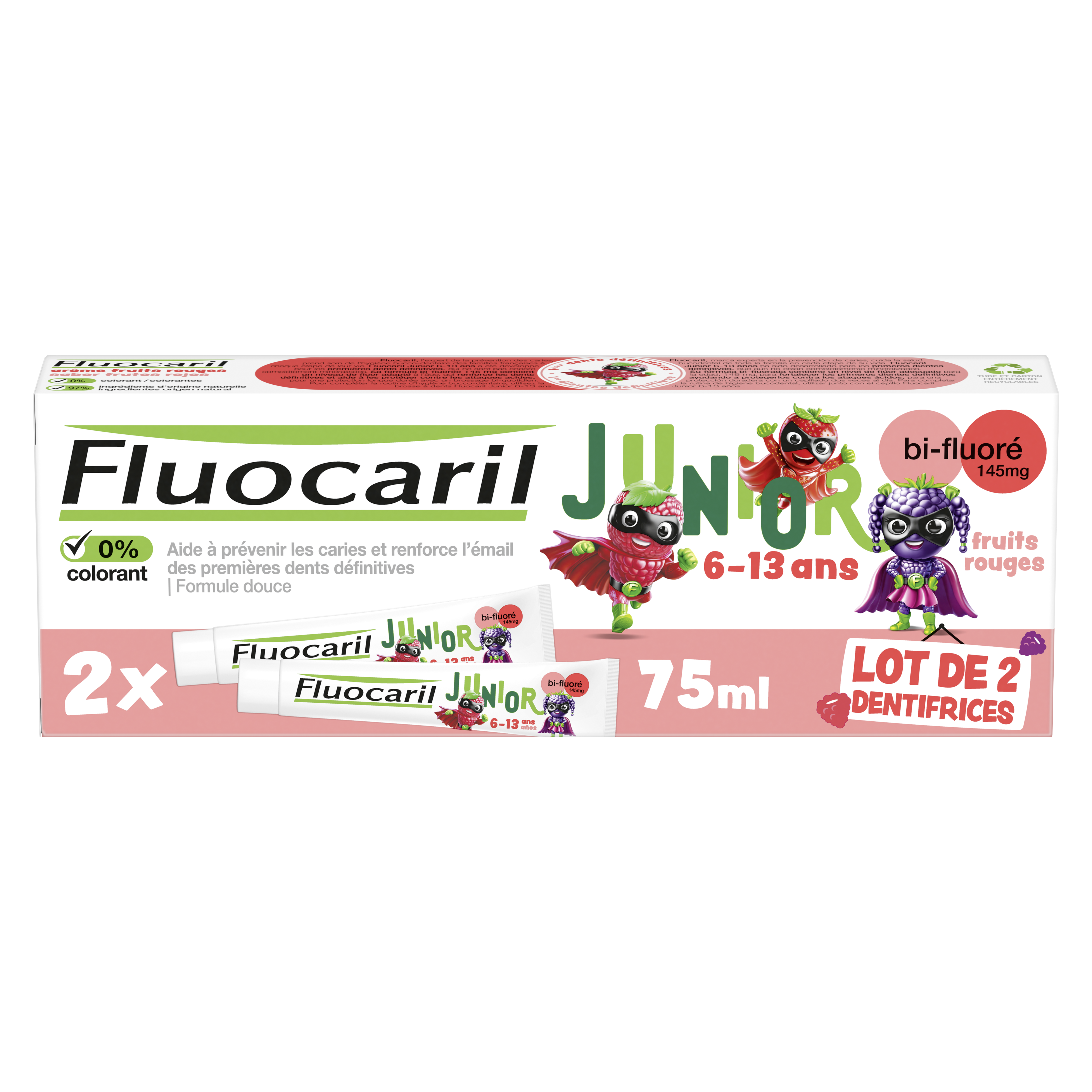 Fluocaril dentifrice junior 6-12 ans fruits rouges 2x75ml