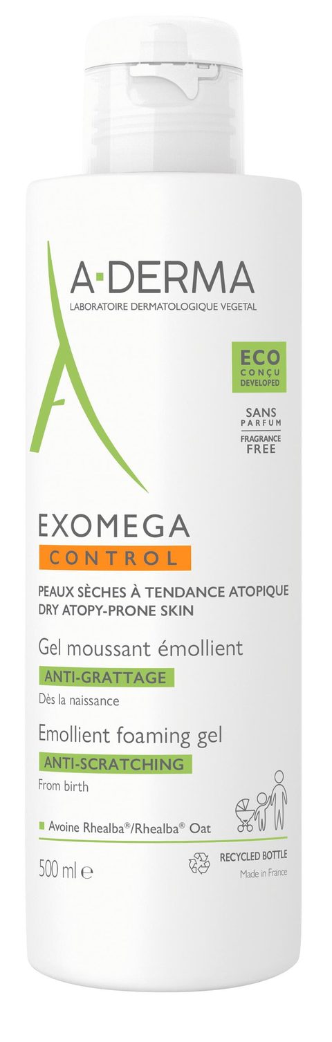 A-Derma Exomega Control Emollient Foaming gel gel moussant adoucissant pour peaux sèches à atopiques 500 ml