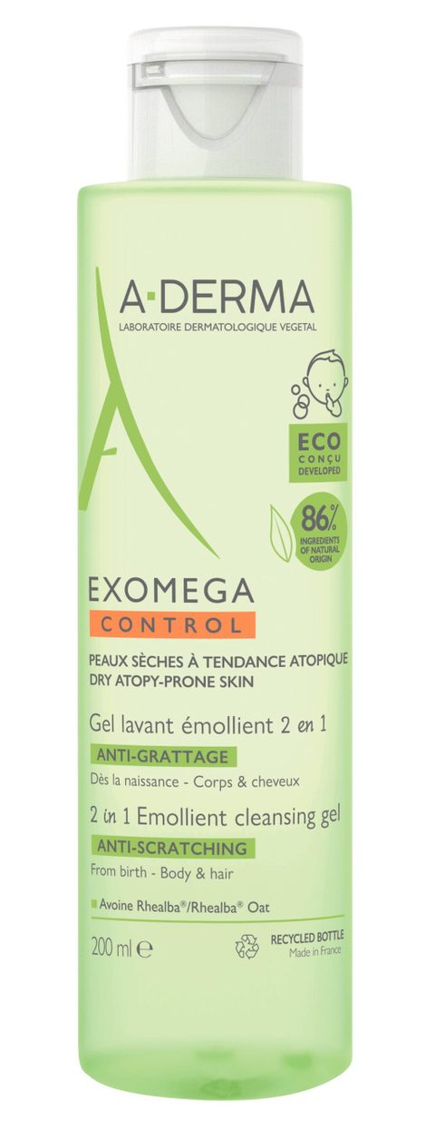 A-Derma Exomega Control - Gel lavant émollient anti-grattage - 2en1 Corps et Cheveux 200 ml