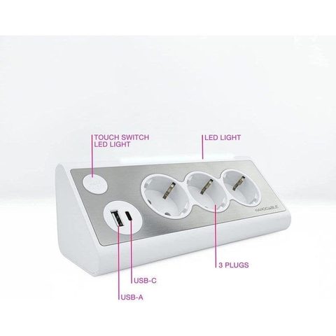 Nanocable Multiprise de bureau avec 3x Shuckos, 1x USB-C et 1x USB-A - Éclairage LED avec interrupt