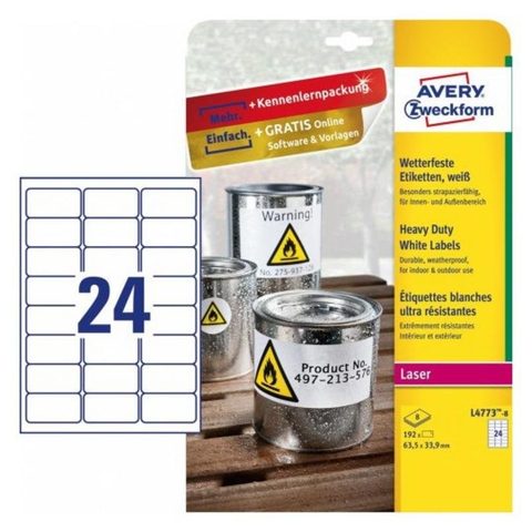Avery Étiquette autoadhesive pour imprimante L4773-8 A4 Polymère Laser Permanente