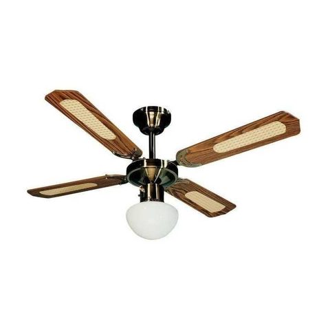 Farelek Ventilateur De Plafond Bali Ø 107 Cm,4 Pales Noyer/Cannées Noyer, 1 Globe, Laiton Antique