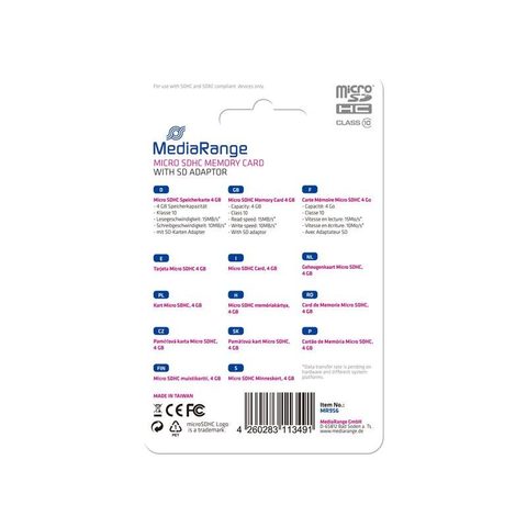 Mediarange Carte mémoire flash - 4GB MICROSDHC - Classe 10 - Vitesse de lecture jusquà 15 Mo/s