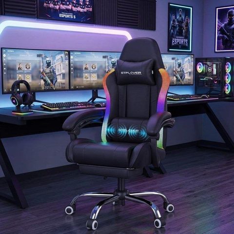 Gtplayer Chaise Gaming avec Bande LED et Fonction Massante, Siège Ergomique avec Pochette de Rangement au Dossier et Télécommande