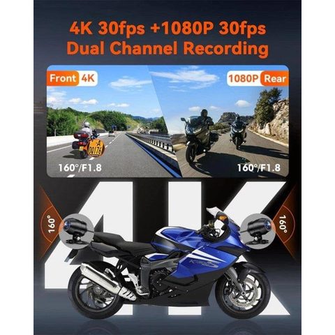 Vantrue F1 Dashcam moto 4K + 1080P (avant et arrière), WiFi 5 GHz, GPS, étanche IP67, instructions vocales en allemand, enregistrement 24h/24. Détection de collision