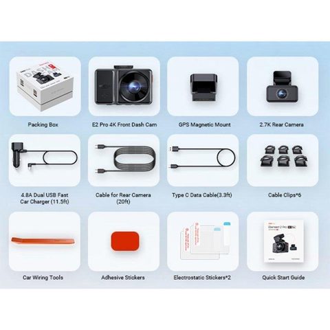 Vantrue E2 Pro Dash Cam avant et arrière, caméra arrière améliorée 2,5K, caméra de tableau de bord 4K+2,5K pour voitures,WiFi, GPS, vision nocturne, mode stationnement 24H,IPS 2,45, prise en charge 1TB