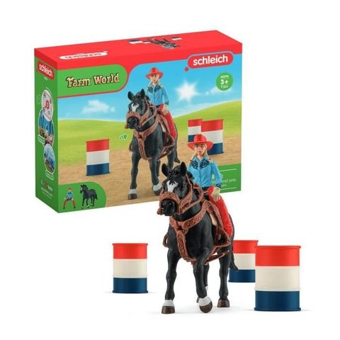 Schleich Figurine Cowgirl Et Tonneaux De Racing, Avec Figurine Et Cheval, 42576 Farm World