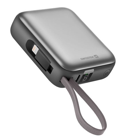 Swissten Batterie Externe 10000mAh avec Câbles USB-C et Lightning Ultra-Compact