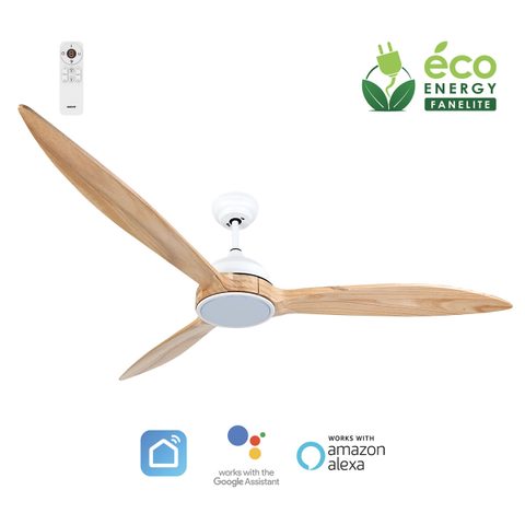 Fanelite Ventilateur de plafond 164 cm blanc et bois ZENA - Moteur DC 35W - LED 20W dimmable 3 couleurs - Wifi &Contrôles vocaux