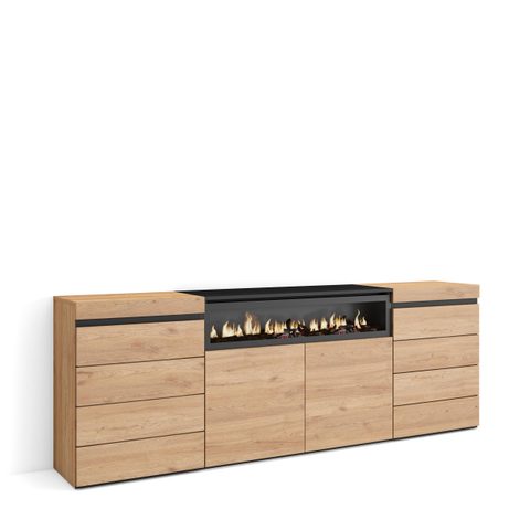 Skraut Home Commode buffet armoire 214x35x75cm feu led sans chaleur chêne