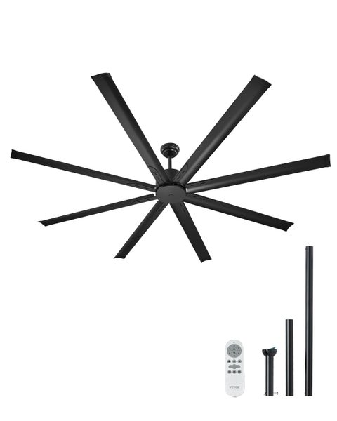 Vevor Ventilateur plafond 214 cm, sans lumière. 8 pales alu, moteur CC réversible. Extérieur/intérieur